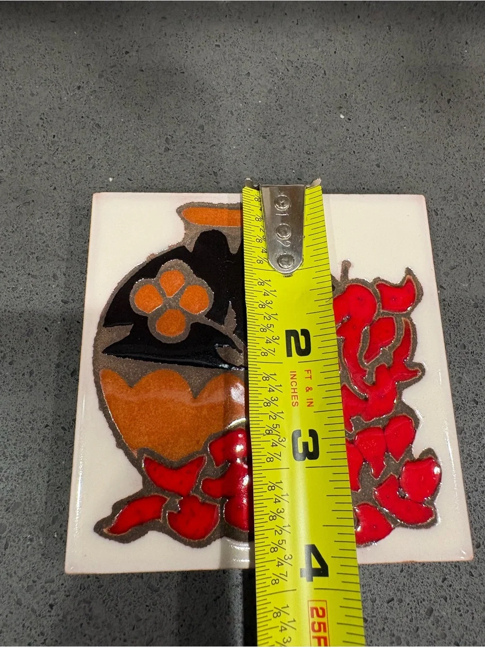Christine Fitzgerald Design Decorative Ceramic Trivet with Red Floral Design